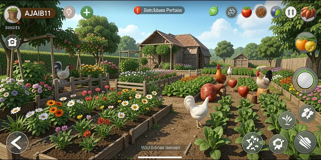 Tampilan gameplay AJAIB11 dengan suasana pertanian yang cerah.