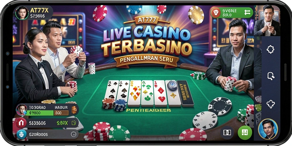 Screenshot gameplay AT777 menampilkan dealer langsung dan suasana permainan kasino.