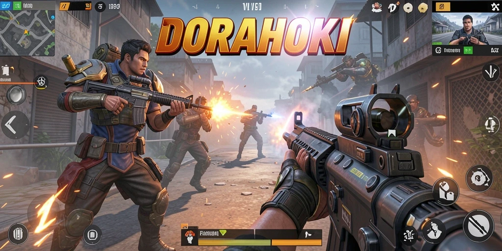 Tangkapan layar DORAHOKI menampilkan aksi gameplay FPS yang intens.