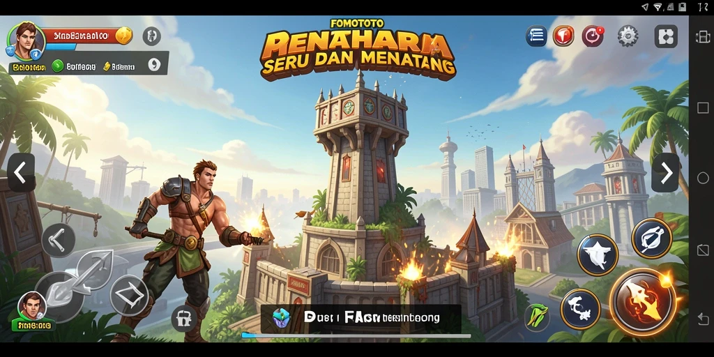 Screenshot gameplay FOMOTOTO menampilkan aksi pertahanan menara yang mendebarkan.