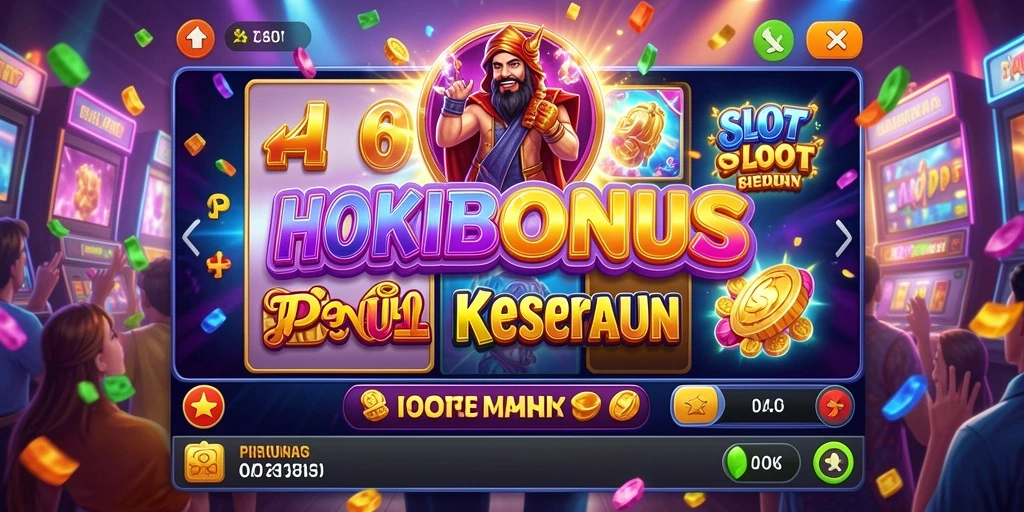 Tampilan gameplay HOKIBONUS dengan simbol-simbol ceria dan gulungan yang berputar.
