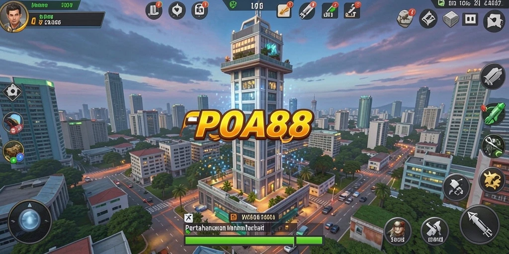 Screenshot gameplay POA88 dengan menara pertahanan yang aktif.