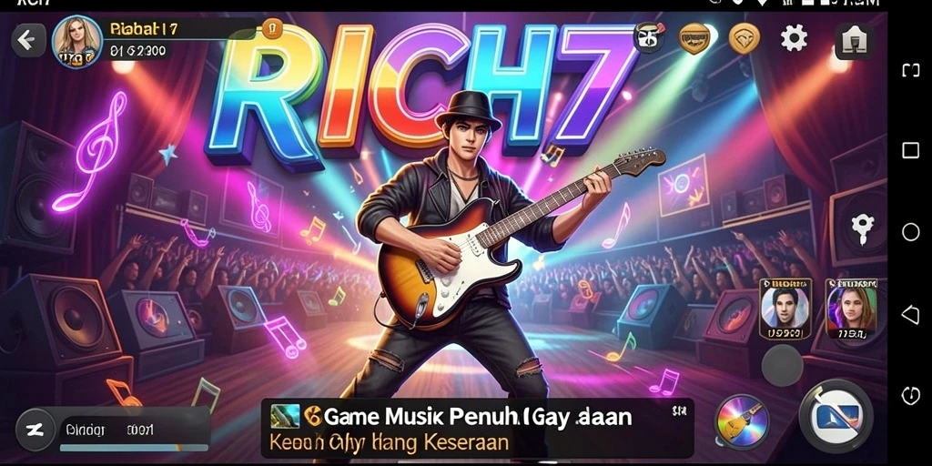 Screenshot utama RICH7 menampilkan gameplay seru dengan berbagai tantangan musik.