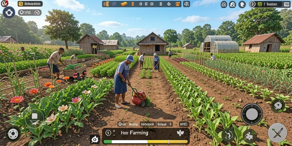 Screenshot gameplay RP55 menampilkan suasana pertanian yang indah.