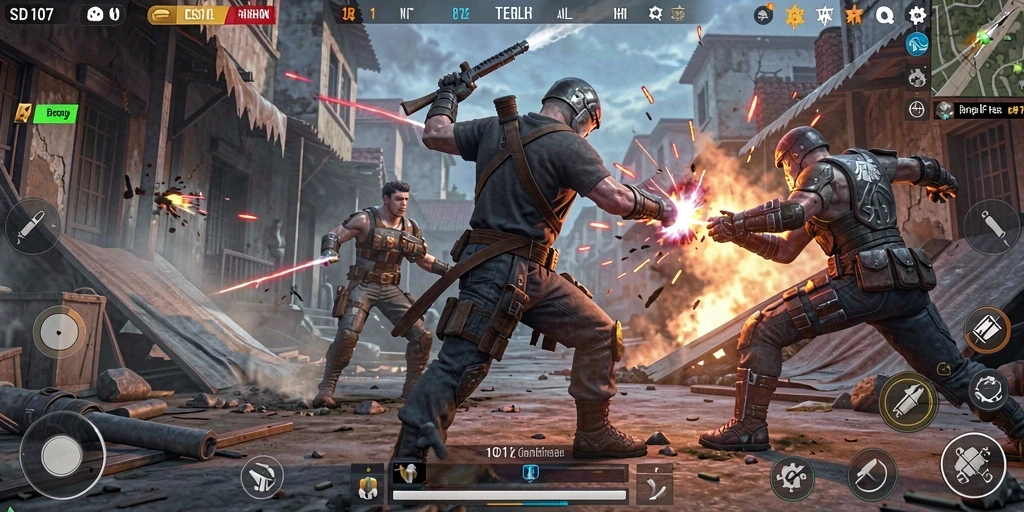 Gameplay Battle Royale yang mendebarkan dengan aksi seru.