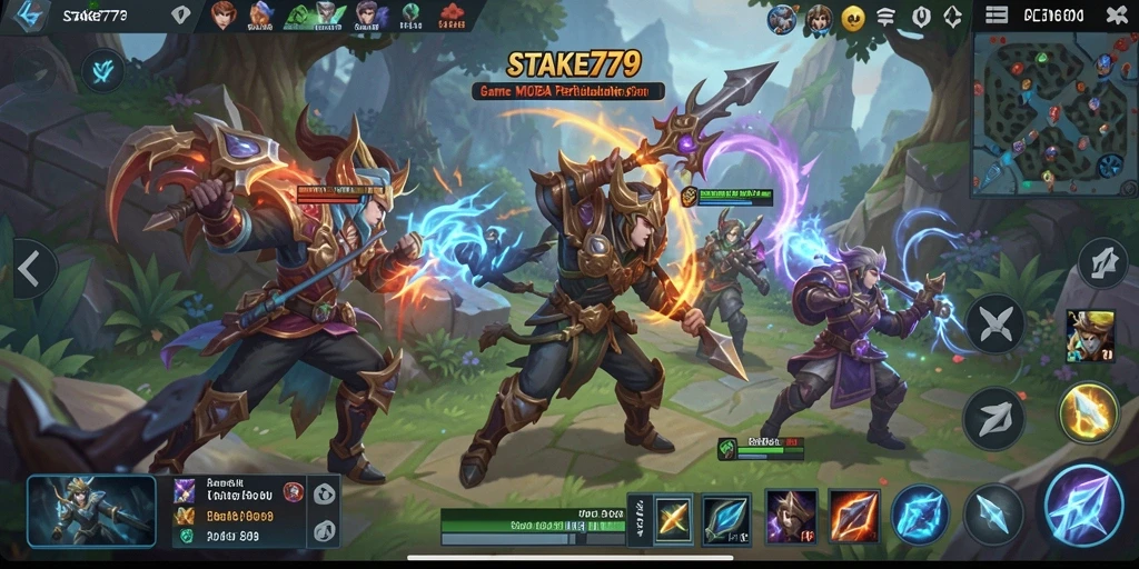 Screenshot utama STAKE779 menampilkan aksi pertarungan karakter MOBA yang seru.