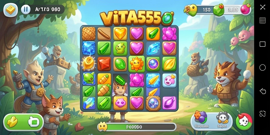 Tampilan gameplay Match-3 yang menawan dan penuh warna di VITA555.