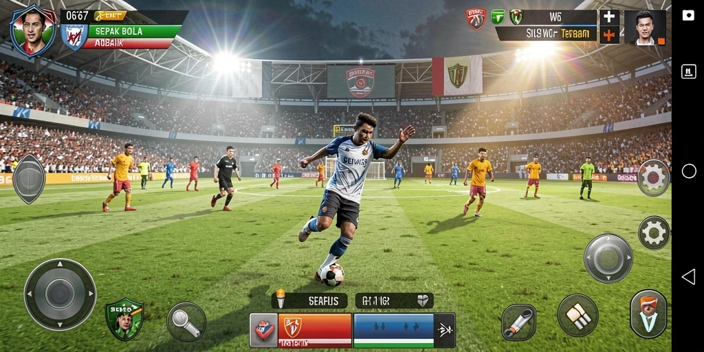 Screenshot gameplay W67 dengan aksi pertandingan sepak bola yang seru.
