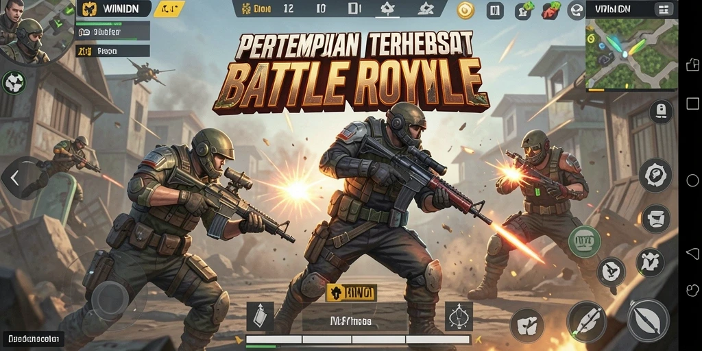 Screenshot gameplay WINIDN menunjukkan aksi Battle Royale yang seru.